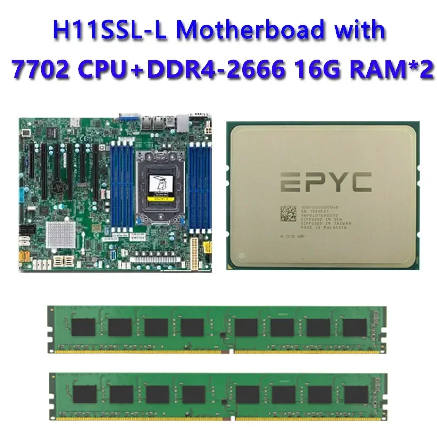 For Supermicro H11SSL-I Motherboard Socket SP3 180W TDP with Dual EPYC 7702 CPU Processor 2pcs DDR4 16GB 2666mhz RAM REV2.0