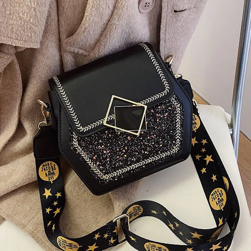 Women's Popular Sequin Bag Women's New Fashion All-in-one Broadband Single Shoulder Black Buckle Crossbody Bag Small Square