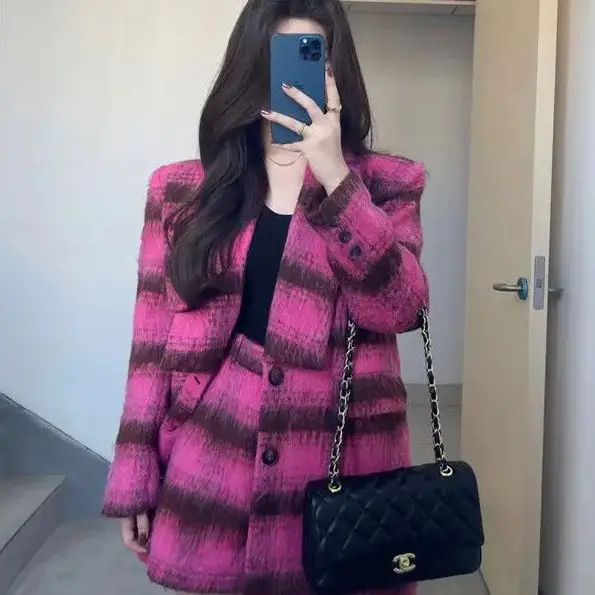 Two-Piece Small Fragrance Retro Plaid Suit Jacket High Waist Shorts Women Autumn Winter New Loose Niche Design Long Sleeve Suit