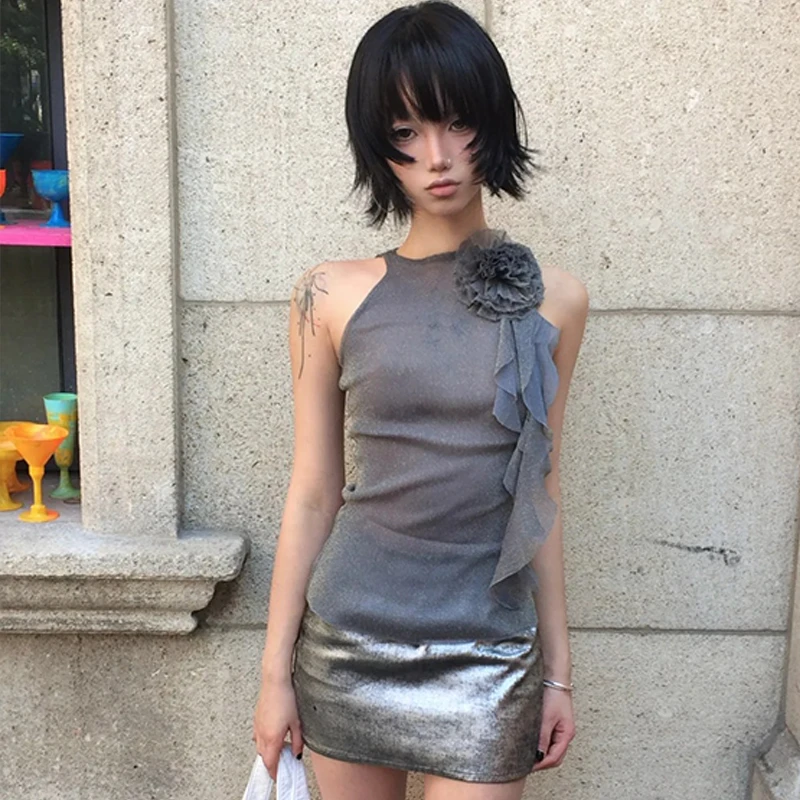 Genayooa Harajuku Y2kเสื้อดูผ่านริบบิ้นดอกไม้ตาข่ายเสื้อStreetwearญี่ปุ่น 2000S Aesthetic Sleevelesเสื้อฤดูร้อน