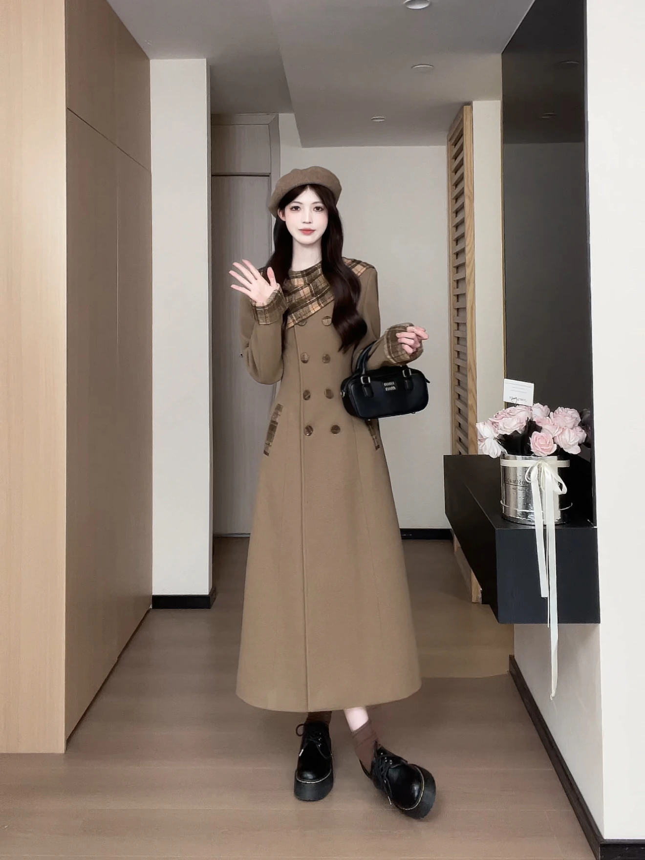 

Ele Retro Plaid Splicing Woolen Coat Double Breasted Outerwear for Women Casual Commute Daily High Waist Long Sve