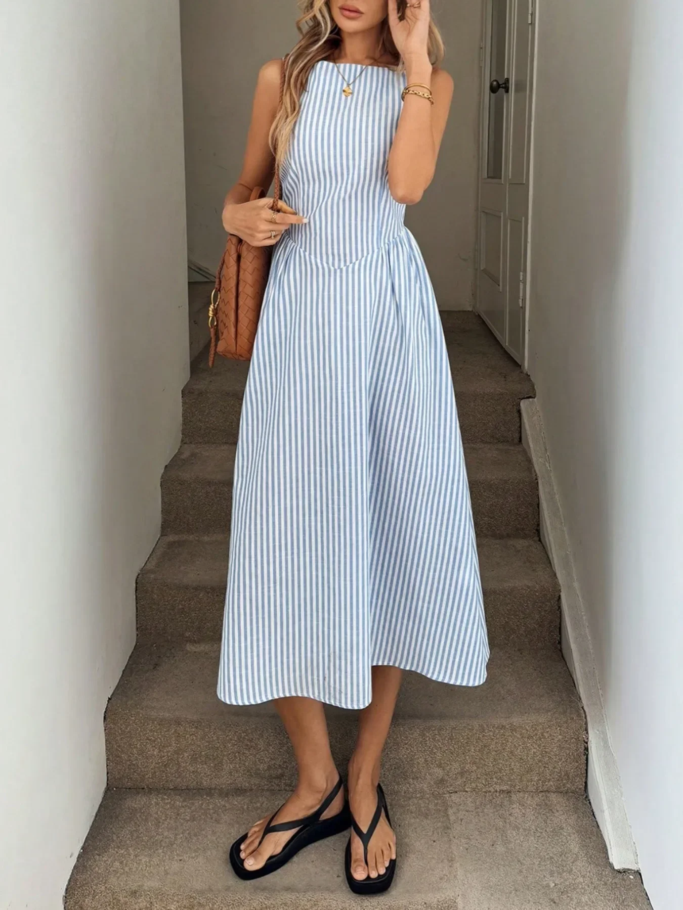 Neues Y2K Sommer-Urlaubskleid aus Leinen für Damen, ärmellos, vertikal gestreift, hohe Taille, A-Linie, Midi, lässiges Swing-Kleid mit Taschen – Detail 13