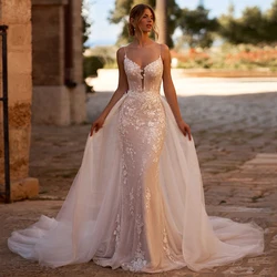 Lace Mermaid Wedding Dresses with Detachable Tulle Skirt Customized Spaghetti Straps Applique Sweep Train Bridal Gown for Bride