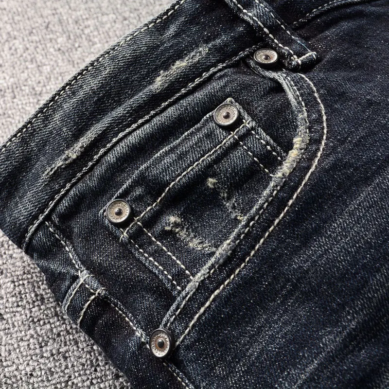 High Street Fashion Men Jeans Retro Black Blue Slim Fit Vintage Ripped Jeans Men Patches Designer Hip Hop Denim Pants Hombre