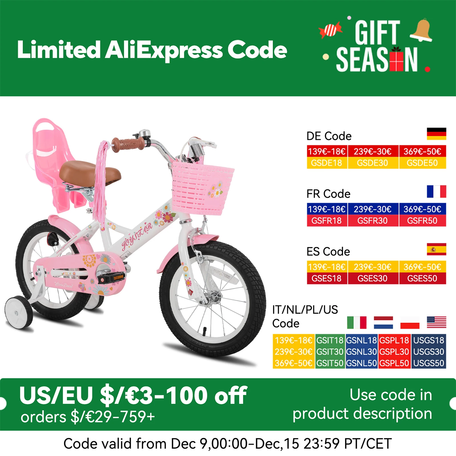 JOYSTAR kinderfiets voor kinderen van 2-7 jaar, 12 14 16 inch meisjesfietsen met poppenstoel en streamers, jongensfiets met vlag en plaat