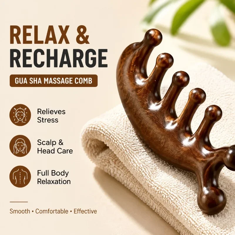 Wooden Wide Tooth Meridian Massage Comb Five Teeth Scalp Therapy Tool for Head Acupoint Relaxation Hair Grooming Brush
