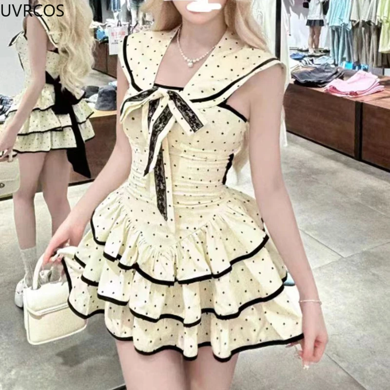 Japanese Gothic Y2k Lolita Dress Wome Preppy Style Polka Dot Print Sailor Collar Backless Dresses Girls Elegant Party Mini Dress