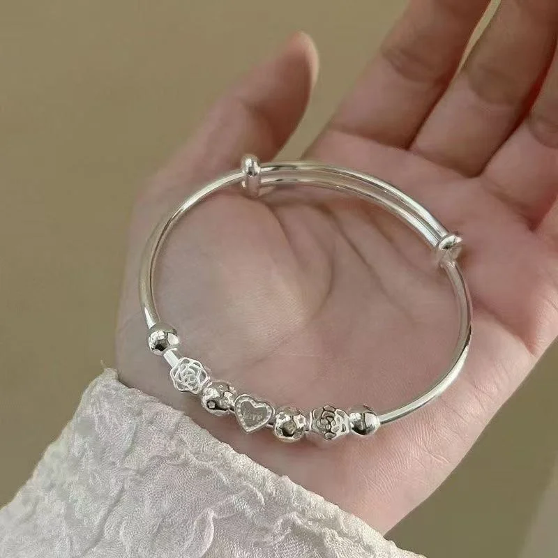 Shiny Polished Round Tube 999 Sterling Silver Telescopic Bangle Mixed Ornament Beads Fashion Bracelet