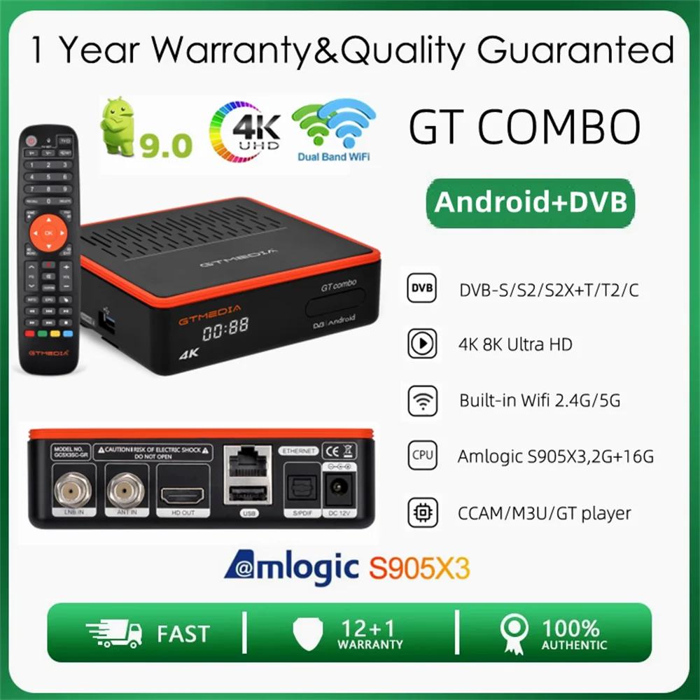 GTMEDIA GT Combo 4K Full HD Smart TV BOX Android 9.0+DVB-S/S2/S2X+T/T2/C,2GB+16GB M3U dekoder odbiornika telewizji satelitarnej dekoder dekoder dekodera dekodera