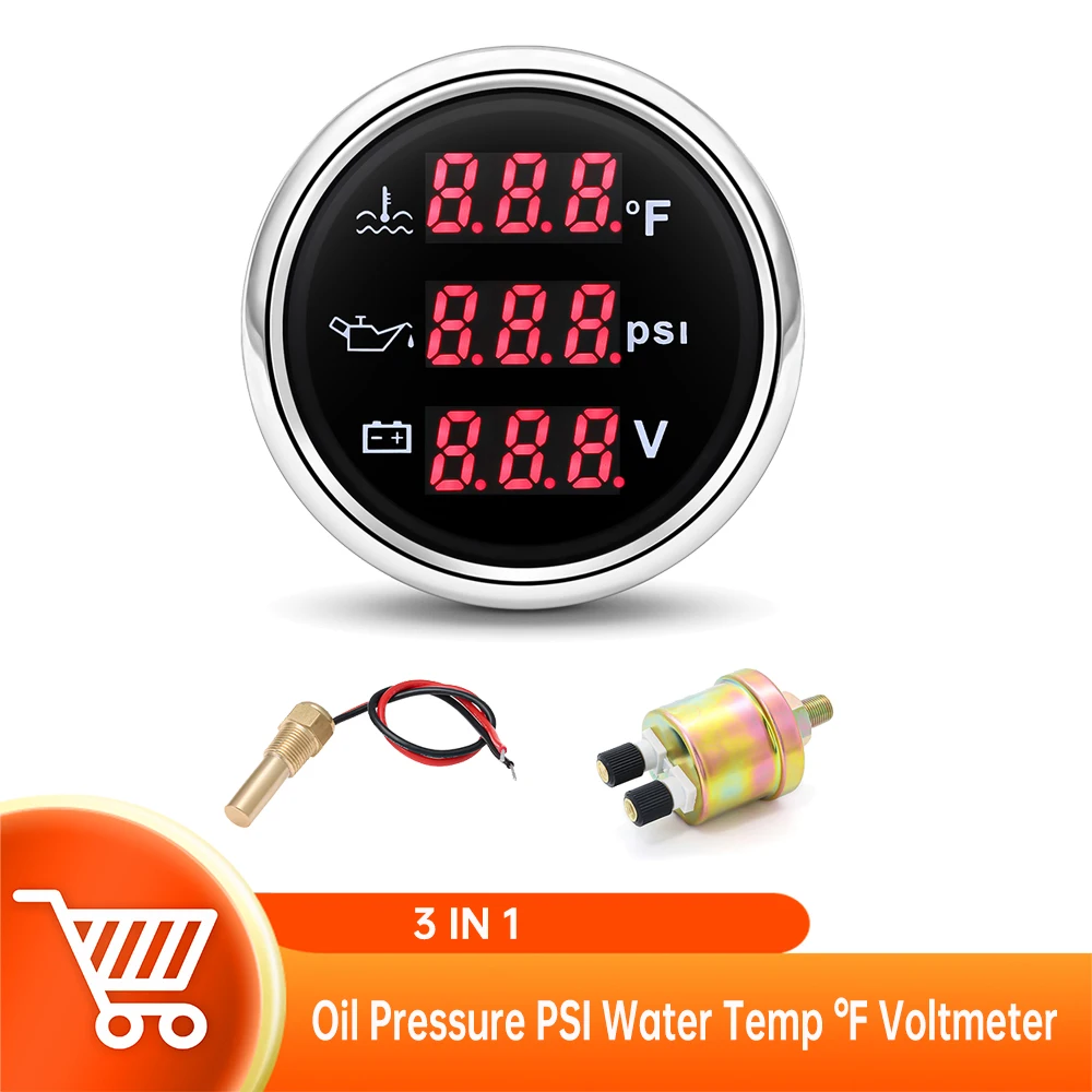 3 In 1 Waterproof Multi- Functional Gauge  Water Temperature+Oil Pressure+Voltage Boat Car Truck ATV Gauge Red backlight