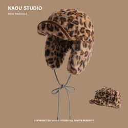 South Korea's New Plush Leopard Print Fashion Pilot Hat Female Face Small Versatile Ski Ear Protection Women Bomber Hat