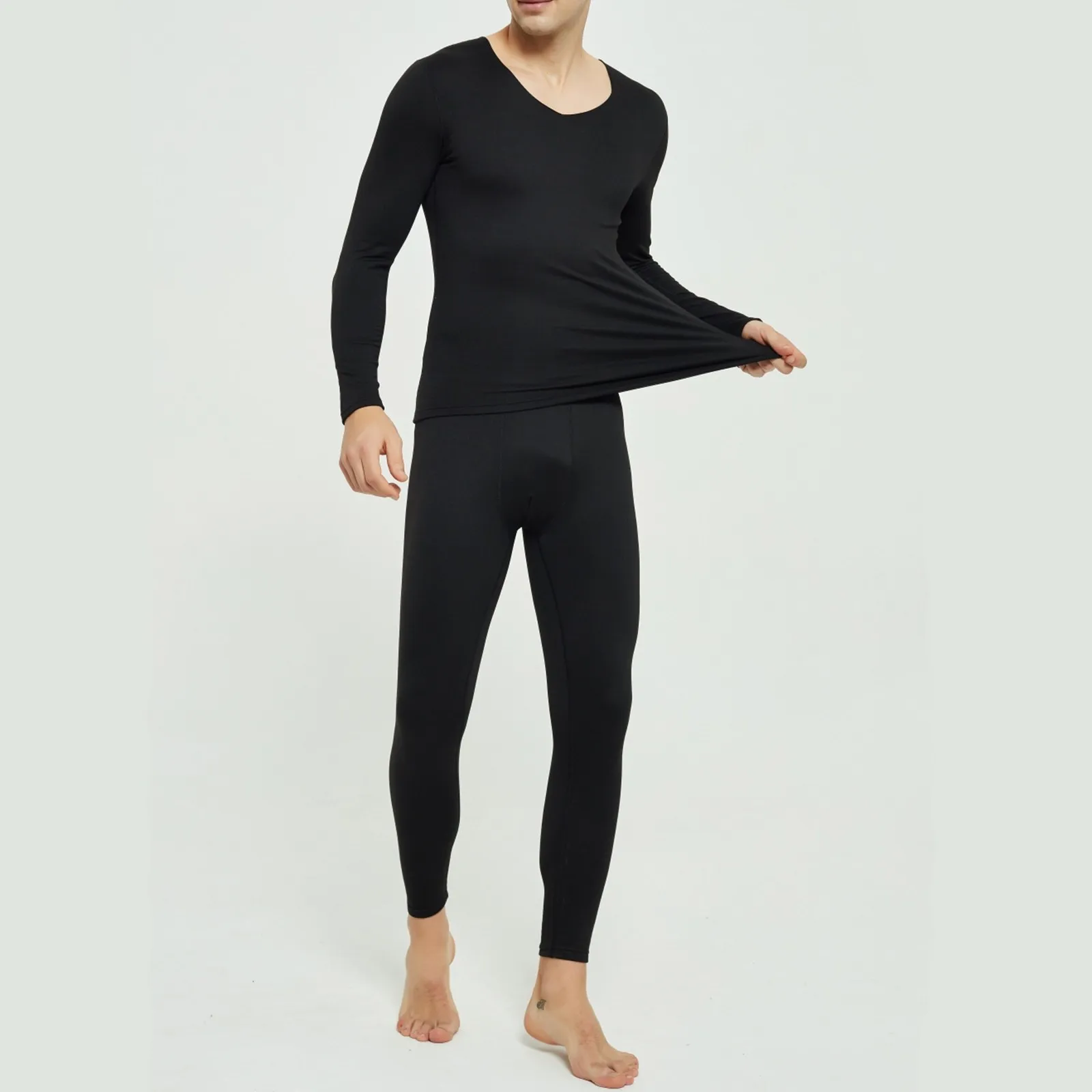 Mens Round Neck Pure Cotton Thermal Underwear Set Thin Autumn Clothes And Pants Bottoming Shirt solid color  Mens Pajamas Set