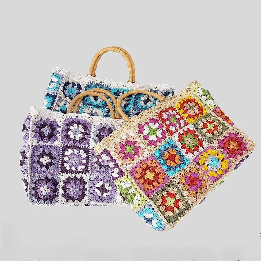 Bohemian Granny Square Staw Handbags Casual Paper Woven Bamboo Handle Women Hand Bags Handmade Summe Beach Bag Large Tote Purse