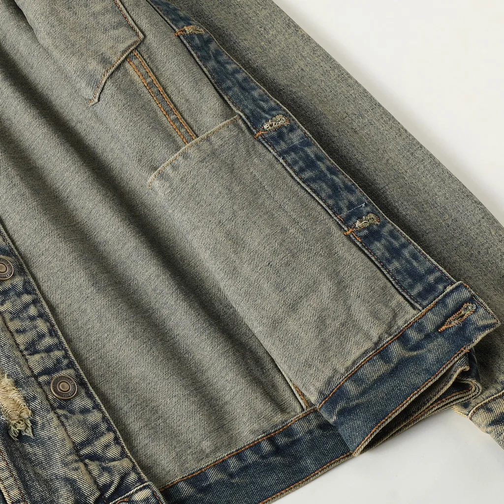 Men\'s Fashion Vintage Destroyed Jeans Jacket High Street Ripped Denim Coat With Holes Washed Retro Outerwear Size M-5XL