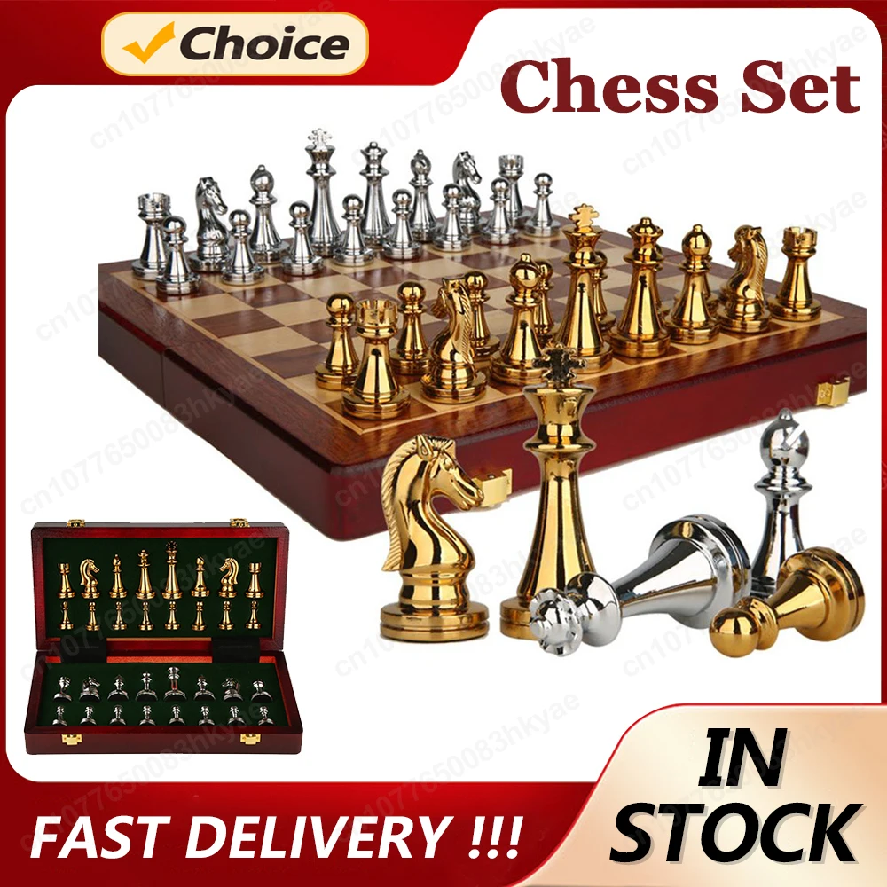 Medieval Luxury Chess Game Set Wooden Chessboard International Chess Pieces Professional Metal Chess Family Game Toys Accessory