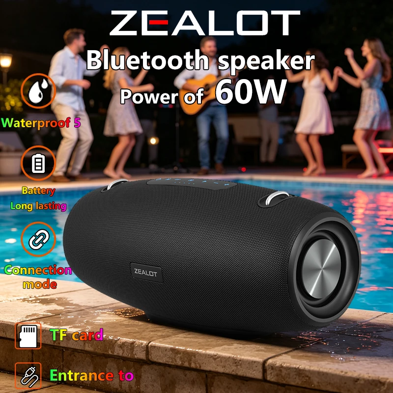 ZEALOT-S67 Wireless Speaker 60W, Comes With A Shoulder Strap, Portable For Outdoor, Waterproof, Loud Sound, Super Long Battery