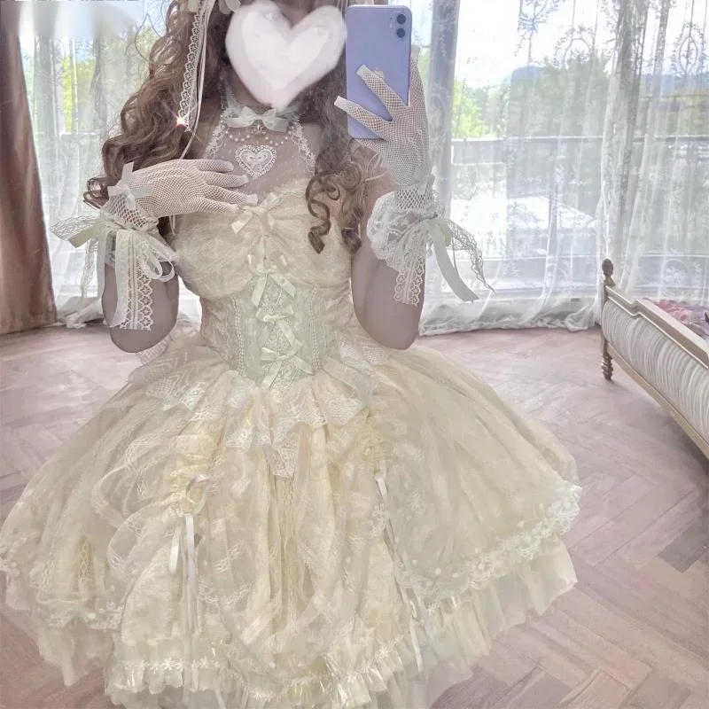 Vestidos Lolita JSK para mulheres, vestido com alça de princesa, vintage e elegante, malha de renda, harajuku, roupas européias, doce japonês, kawaii