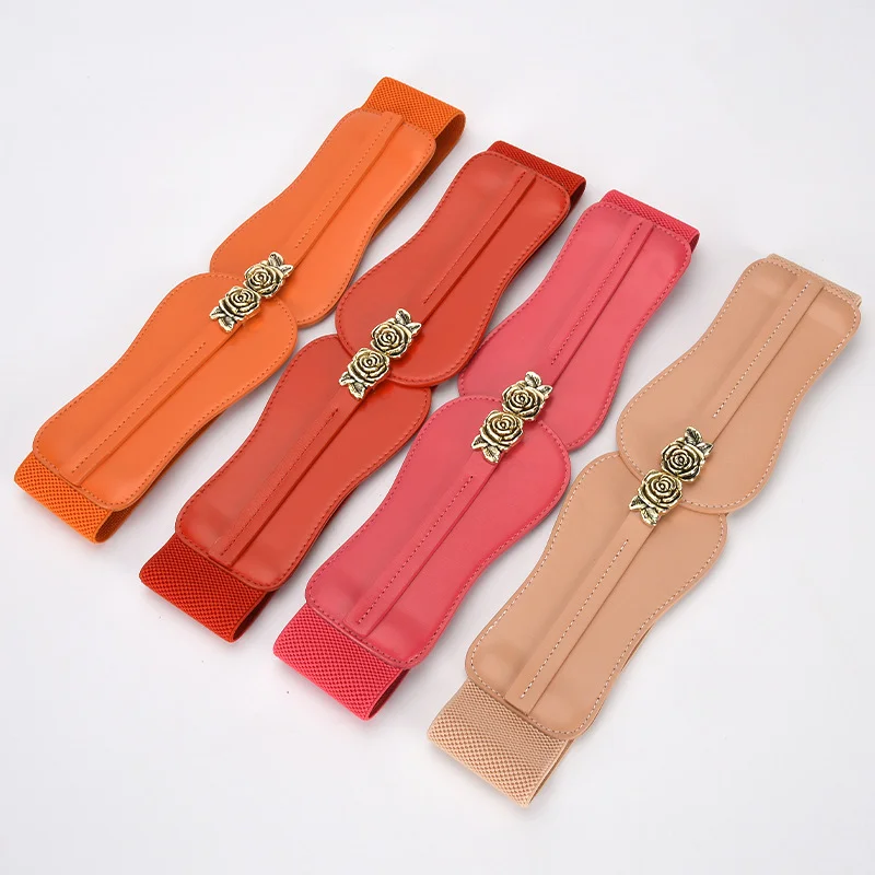 

Ladies Decorative Thin Waist Elastic Belt Elastic Waist Belt Camellia Flower Pair Buckle Waist Seal Hundred Match Dresses Coat