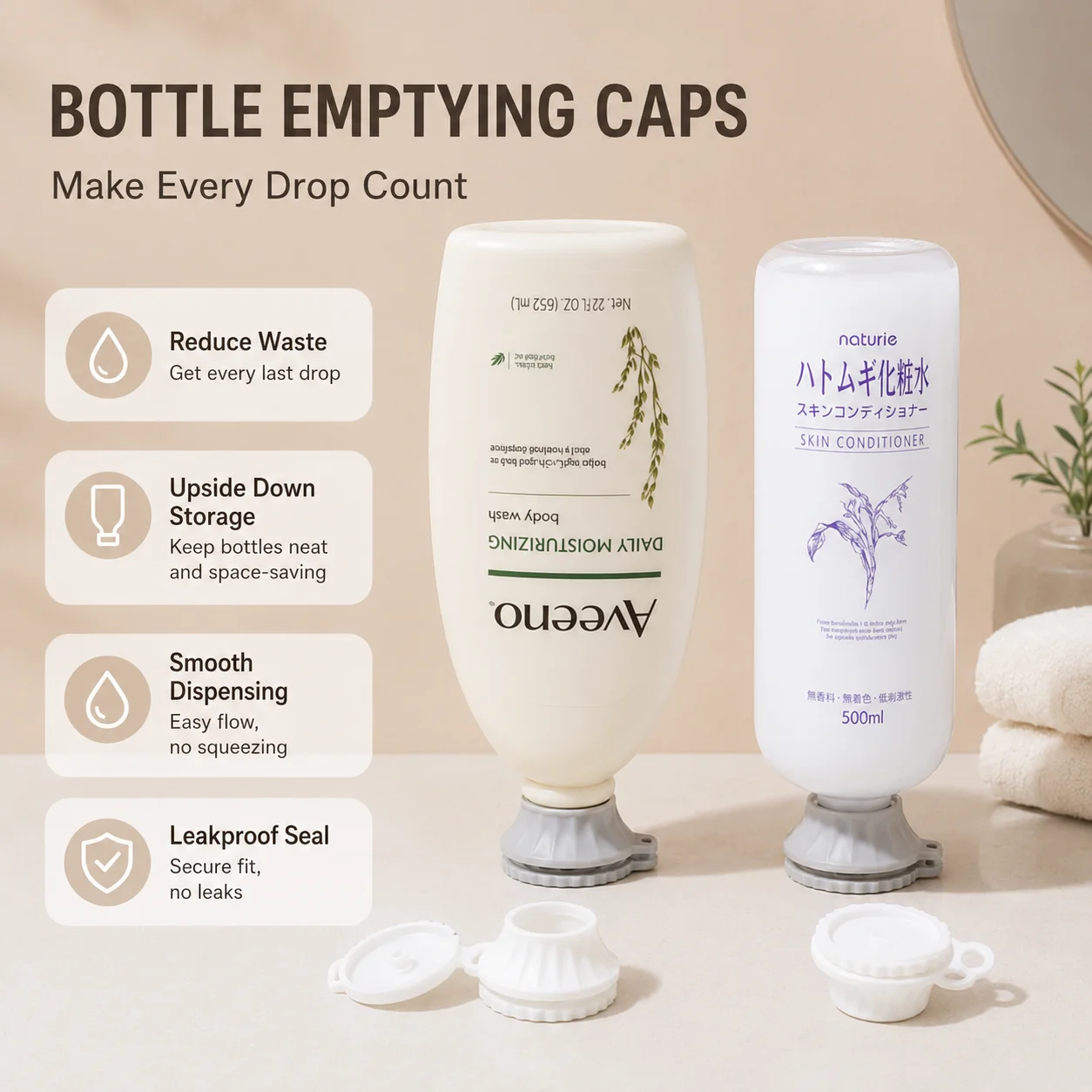 3PCS Upside Down Bottle Emptying Caps Set S M L, Reusable Shampoo Lotion Body Wash Holder Adapters for Bathroom Home Travel Use