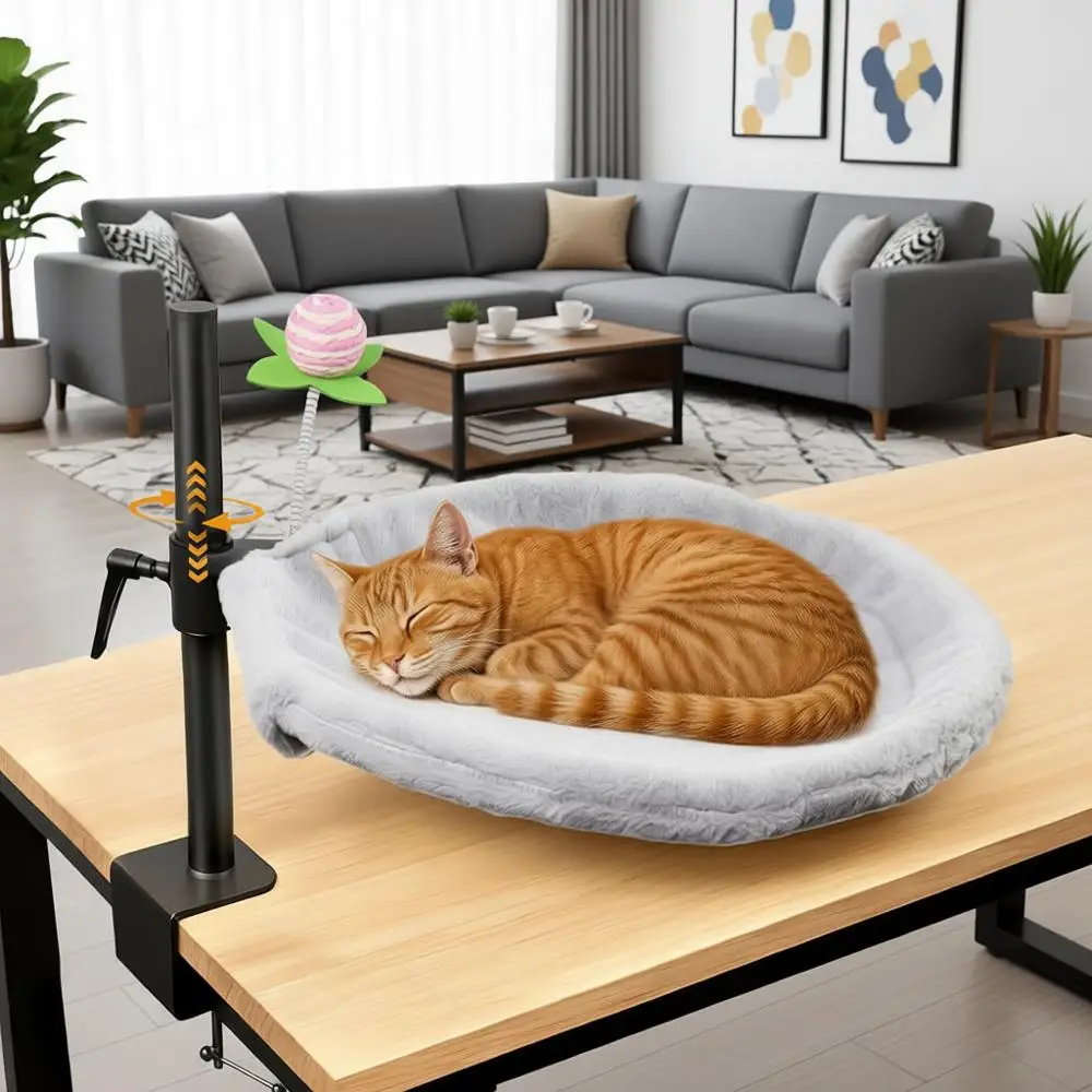 

16-Inch Rotating & Adjustable Cat Desk Bed, Soft Faux Fur, Supports Up to 44lbs, Removable & Washable, Modern Indoor Cat Furnitu