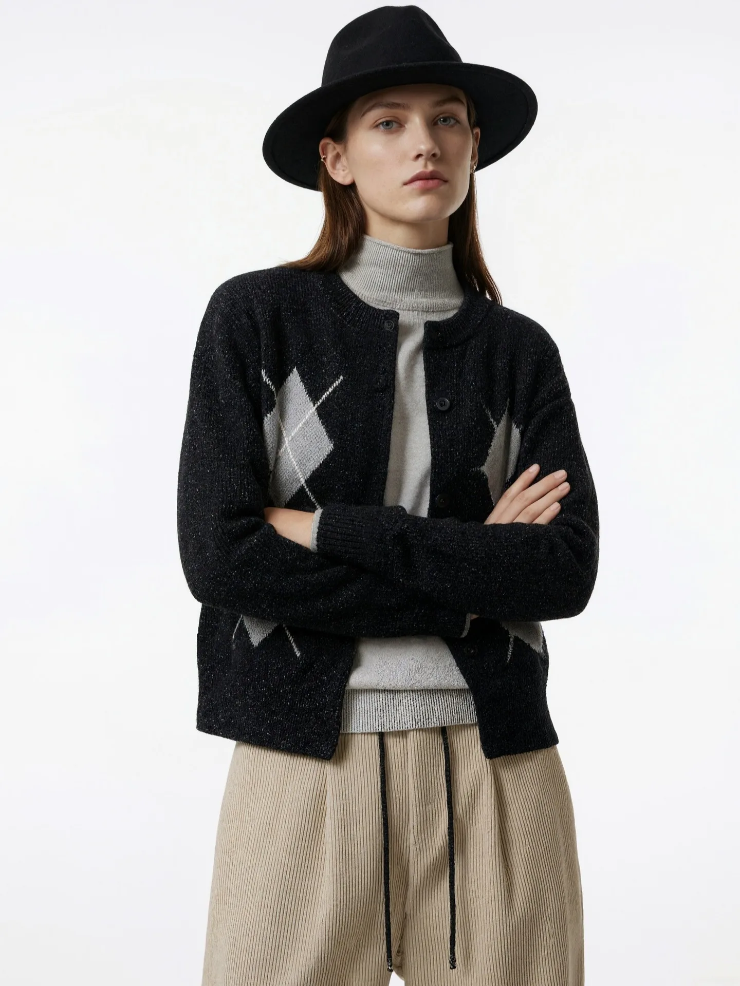 

Relaxed Fit Long Sve Knitted Cardigan Women's Vintage Diamond Patterned Loose Comfortable Casual Sle Daily Wear