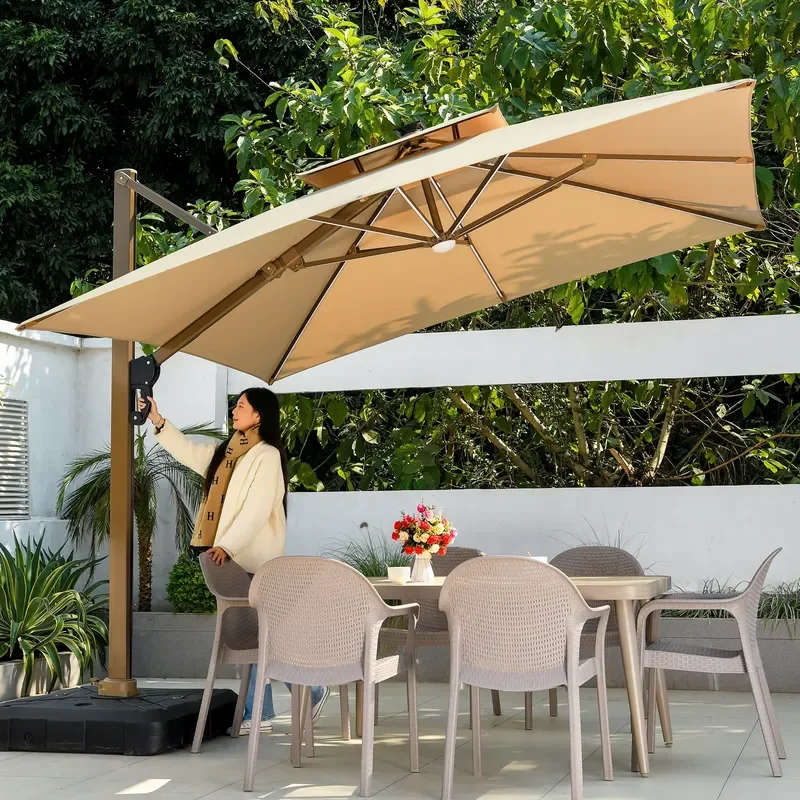 

[Champagne Pole]Popular Outdoor Sun Shade Umbrella Double Diagonal Poles Latest Design Outdoor Umbrella Solar Light Heavy