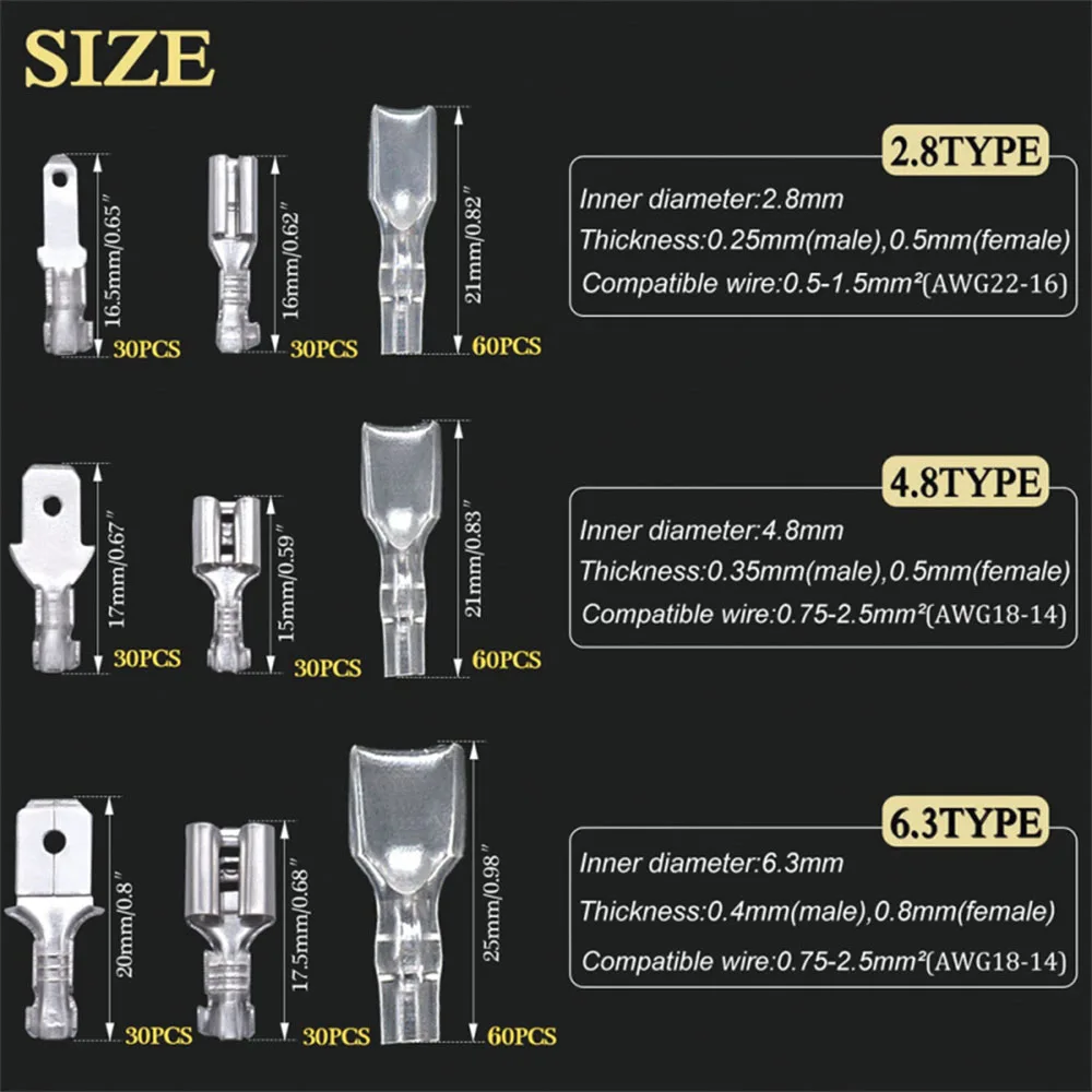 360Pcs 2.8/4.8/6.3mm Quick Splice Male and Female Wire Spade Connector Crimp Terminal Block Assortment Kit ，Insulating Sleeve