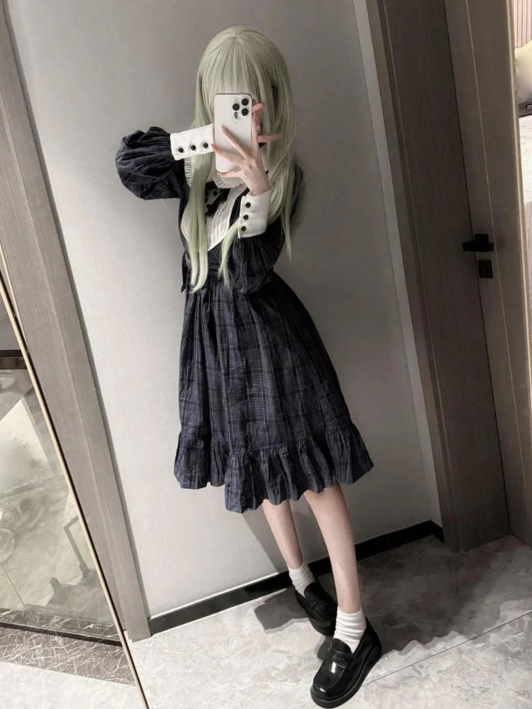 Japanische Plaid Patchwork Lolita Frauen Kleid Y2k Ästhetische Puppe Kragen A-linie Grunge Kleider Harajuku Vintage ​ Fee Vestidos
