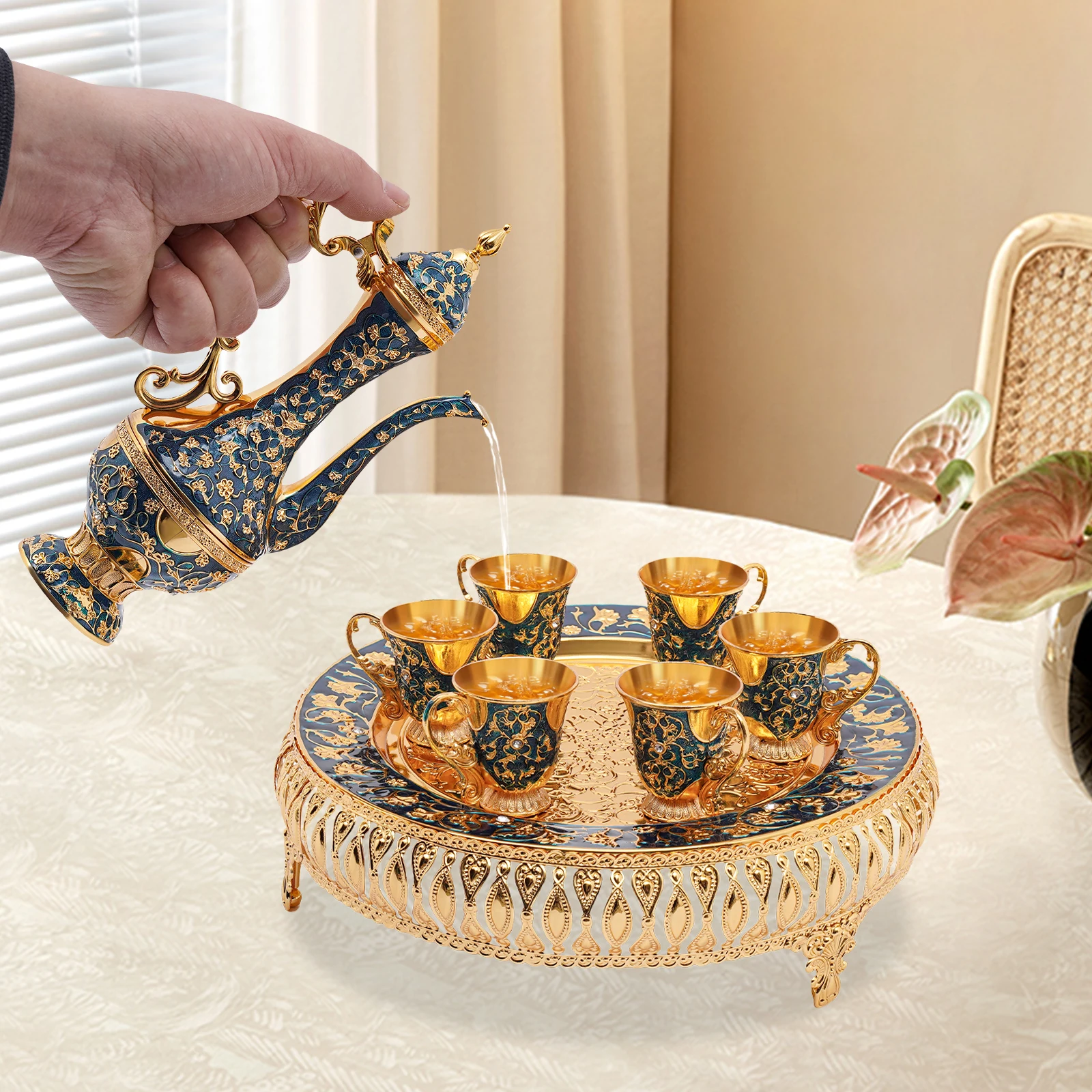 مجموعة خدمة الشاي الأوروبية المصنوعة من سبائك الزنك مع صينية 6 فناجين شاي 9.5 أونصة، هدية أنيقة لشاي بعد الظهر للمنزل والمكتب والترفيه #4