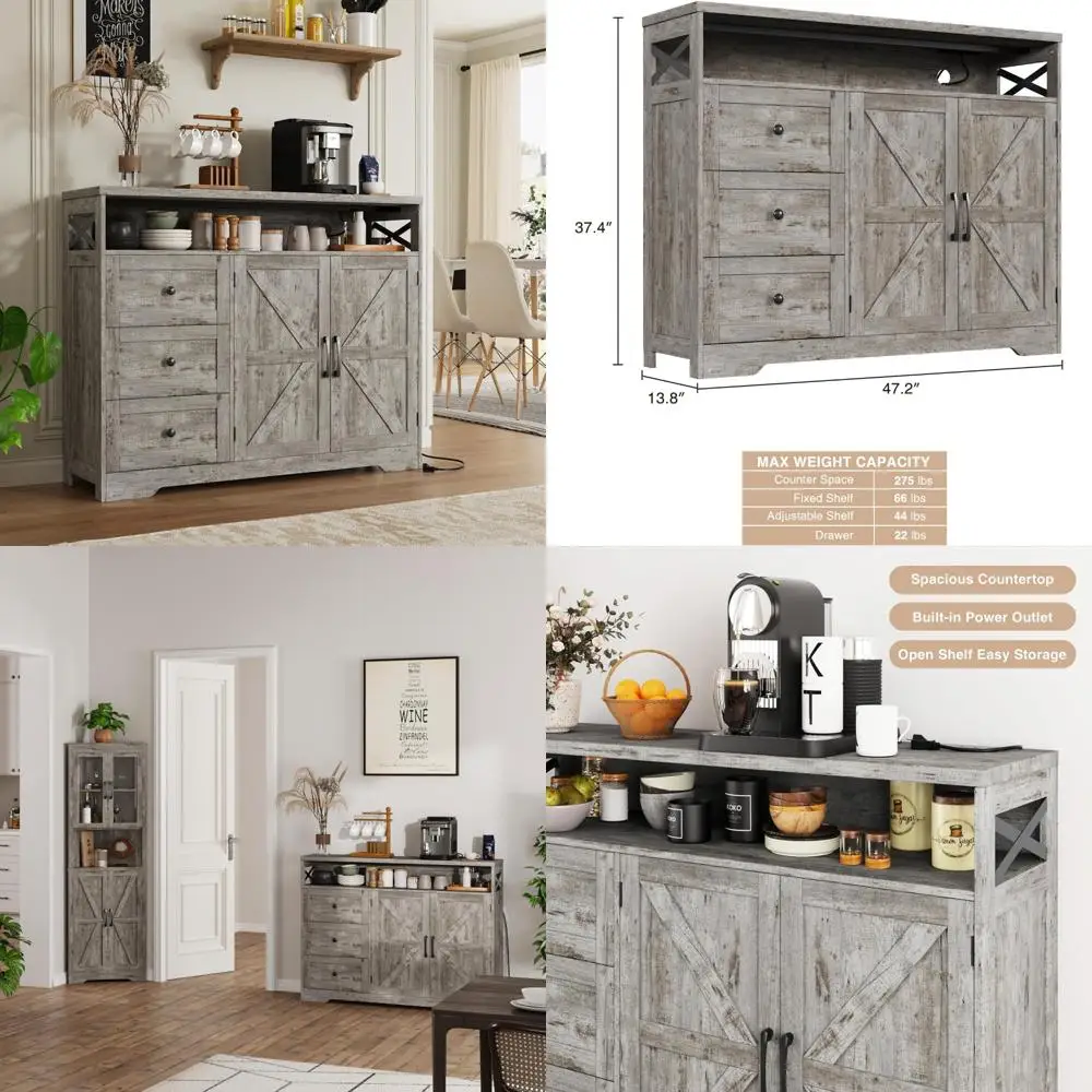 Grey Farmhouse Style Storage Cabinet with Doors and Drawers, Kitchen Buffet Hutch, Pantry Sideboard Cabinet for Organization