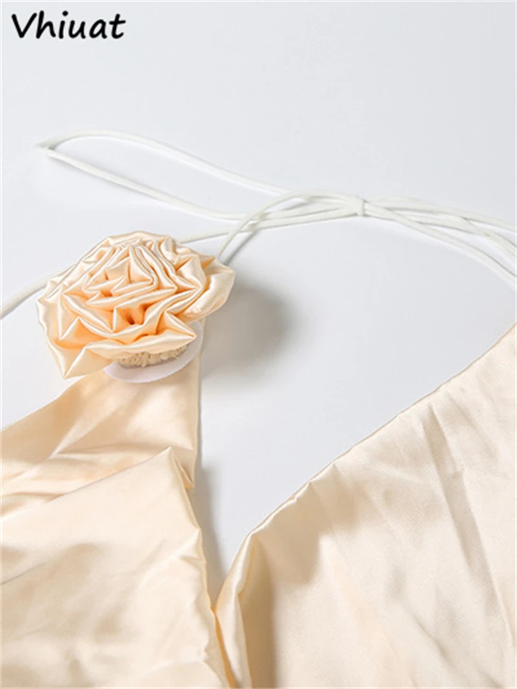 Vhiuat 솔리드 새틴 오프 숄더 백리스 롱 드레스 이브닝 파티 클럽 여성 여름 Sleeveles Flower Halter Maxi Sundress 2025