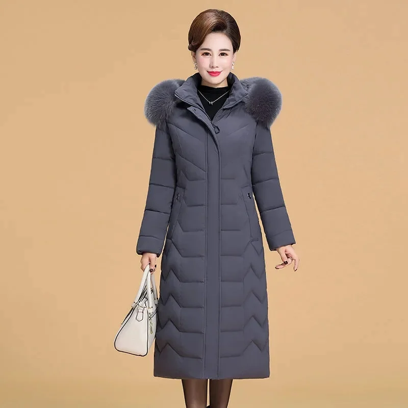 

2024 New Korean Mother Winter Coat With Fur Collar Elderly Cotton Padded Jacket Women's Thicken Down Puffer Jacket Hooded Parka