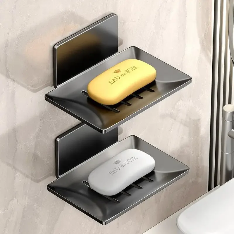 

Bathroom Household Soap Box No Hole Wall-mounted Space Aluminum Bathroom Liquid Soap Shelf Draining Dish Soap Tray Storage Shelf