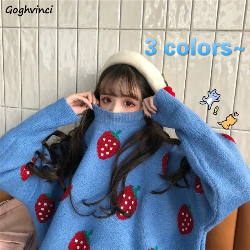 Sweaters Women Kawaii Strawberry Printed Girls Knitted High Quality Warm Thick Soft Sweet  Pullover All-match Loose 2XL HOT