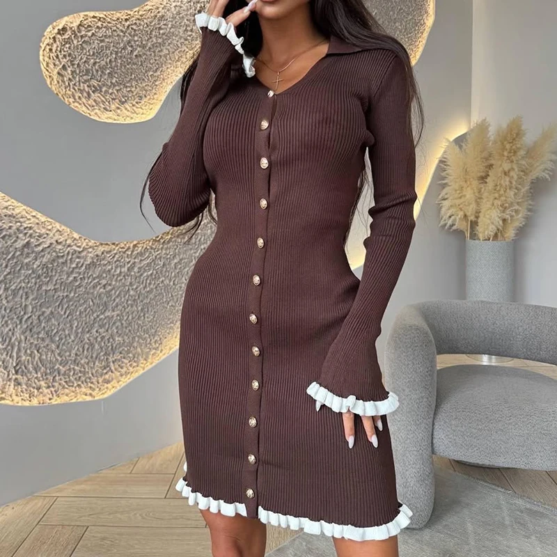 Ticketsx-vestido de punto ajustado con cuello en V para mujer, minivestido fruncido con botones y cintura alta, suéter de oficina para mujer