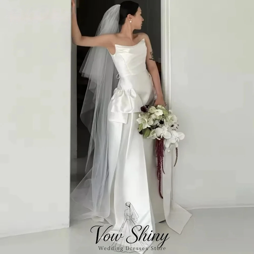 Vow Shiny Simple Strapless Satin Korea Wedding Dress Photo Shoot A-Line With Sash Bridal Gown Customized Garden Wedding Dress