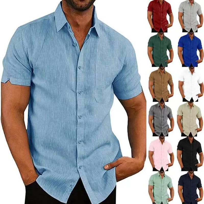 Chemise à col en lin respirant QICHE pour hommes, couleur unie, boutonnée, manches courtes, légère, pour l'été