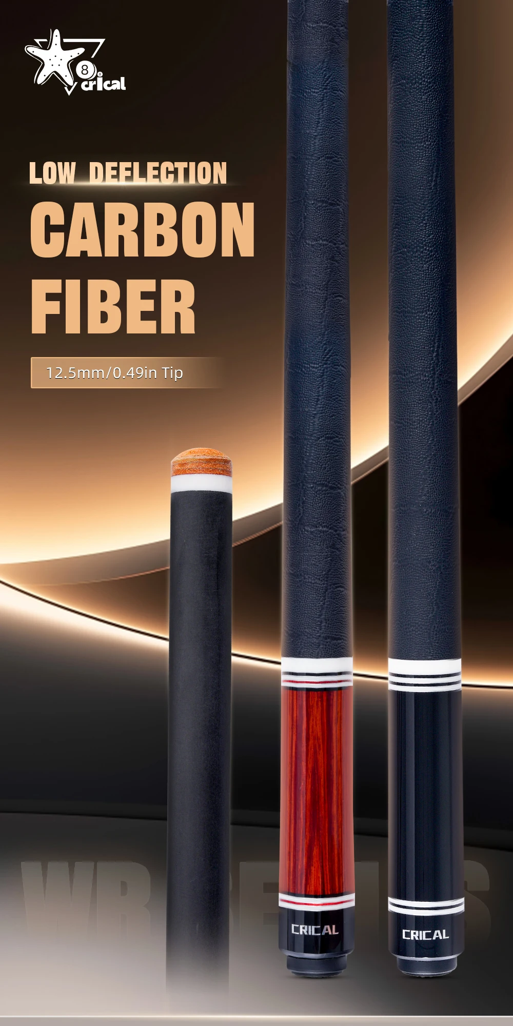 Carbonfaser-Billardqueue mit geringer Ablenkung, professioneller 12,5-mm-Spitzengröße, 3/8x8-Gelenk, Lederummantelung, 58 Zoll, 19-20 Unzen, Billard-CRICAL – Detail 1