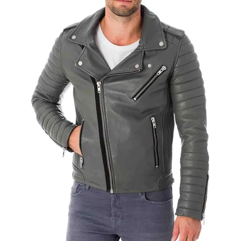 Men's 100% Grey Studded Genuine Sheepskin Leather Jacket Soft Quilted Biker Coat