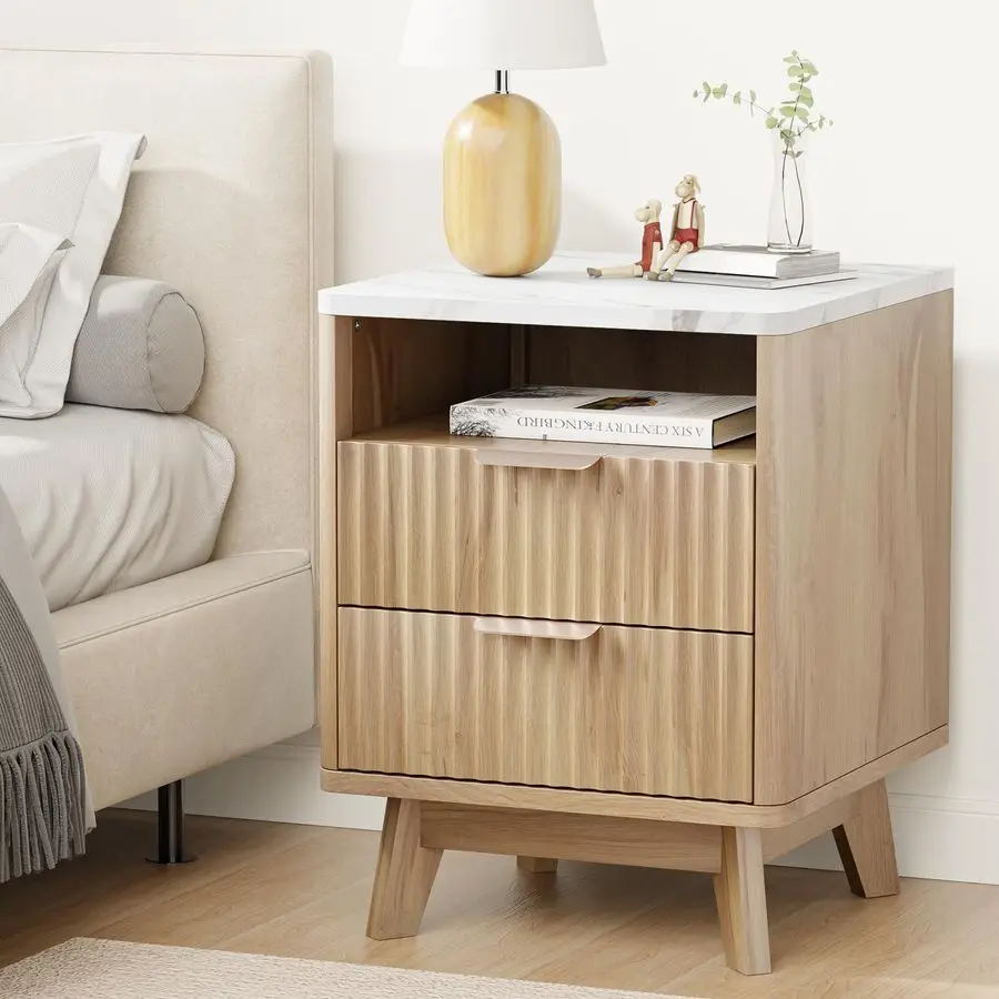 

Fluted Nightstand with 2 Drawers, 18 Modern Night Stand with Faux Marble Top, Open Storage Shelf, Bedside Table for Bedroom