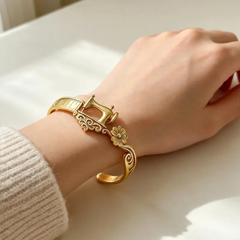  Craft Themed Bracelet Adjustable Open Cuff with Sewing Machine Centerpiece Tape Measure Engraving and Scroll Detail Jewelry