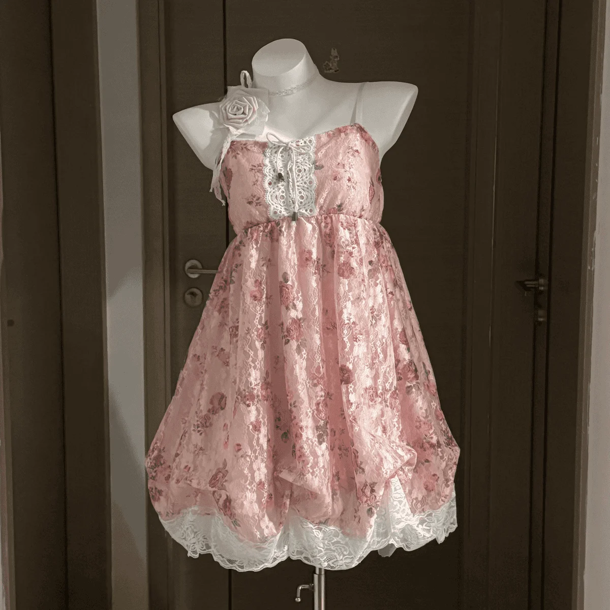 French Vintage Dress Lace Tulle Trim Ruffle Spaghetti Strap Lace Up Front Bubble Hem Mini Dress Sweet Fairy Style Women Wear view 4