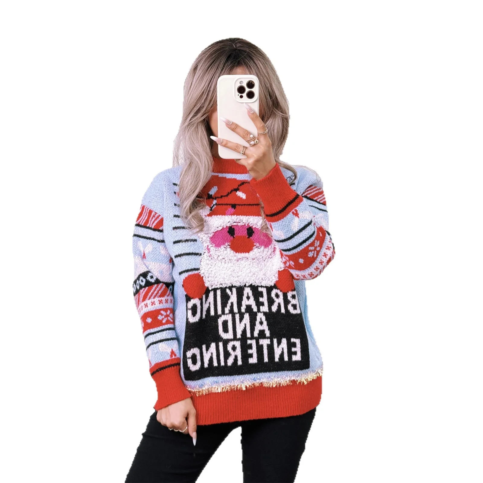 2025 Autumn Winter New Christmas New Jacquard Knitted Top Round Neck Color-Block Casual Unique Sweater 5