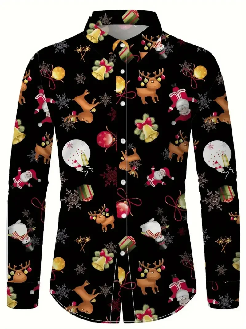 

Рождественская снежинка, повседневная модная удобная рубашка на пуговицах, мужская рубашка с длинным рукавом, мужской топ Санта-Клауса