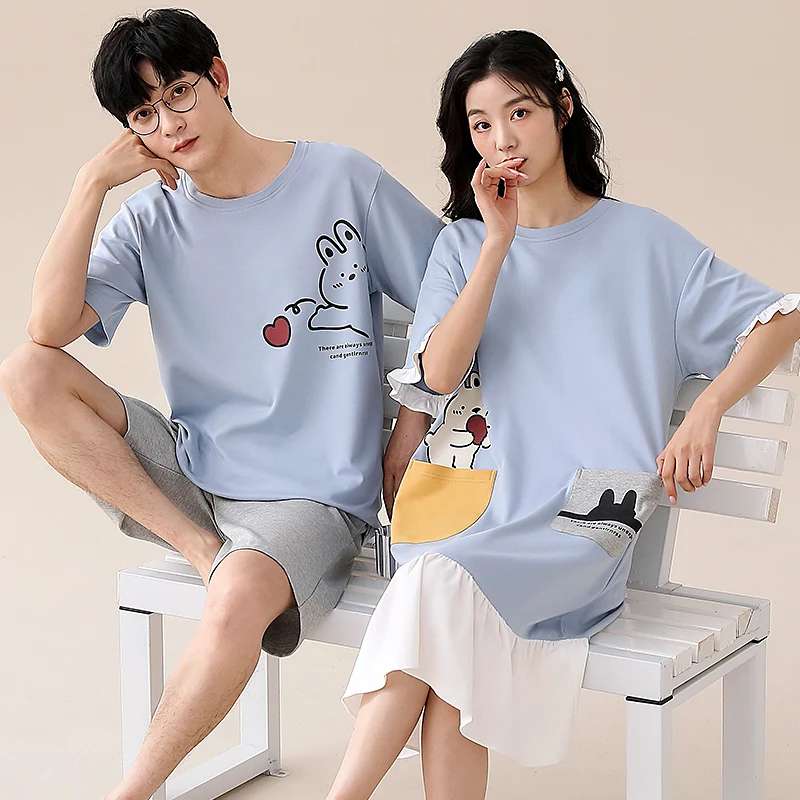 High Quality Couple Pajama Set Summer 100% Cotton Cute Cartoon Pyjamas Men Short Sleeve Pijamas Women Nightgown