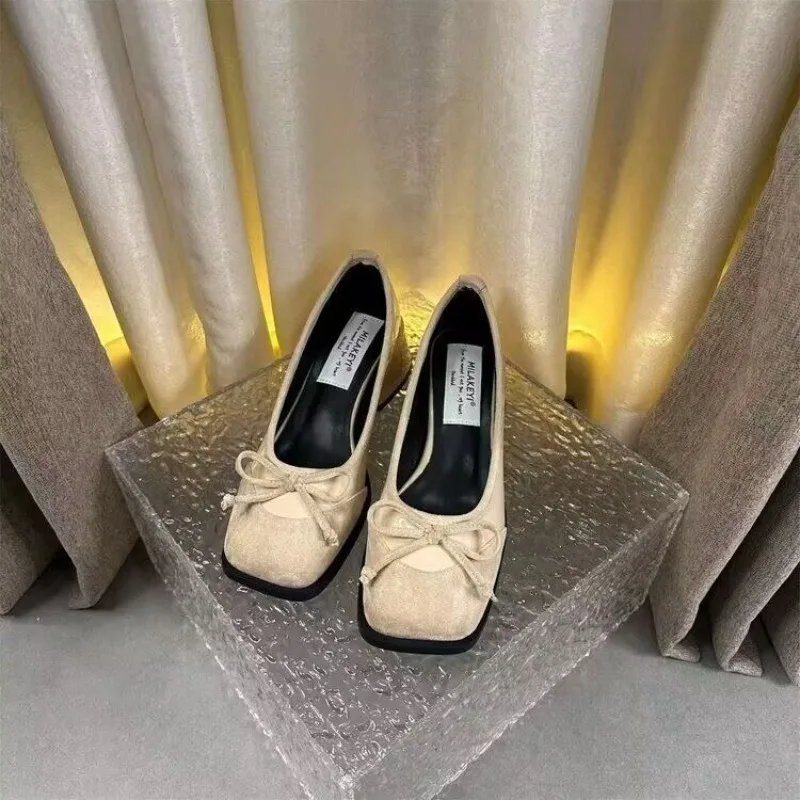 Women's Shoes Red Square Toe Ladies Pumps Block Heel with Bow Shoe Elegant Dress on Sale Quick Delivery Comfortable Spring Y2k