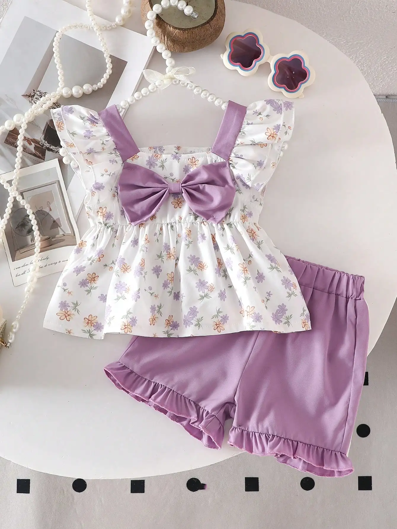 Two piece set of baby girl three-dimensional butterfly bow letter printed top and lace shorts, sweet and cool style, cute, explo