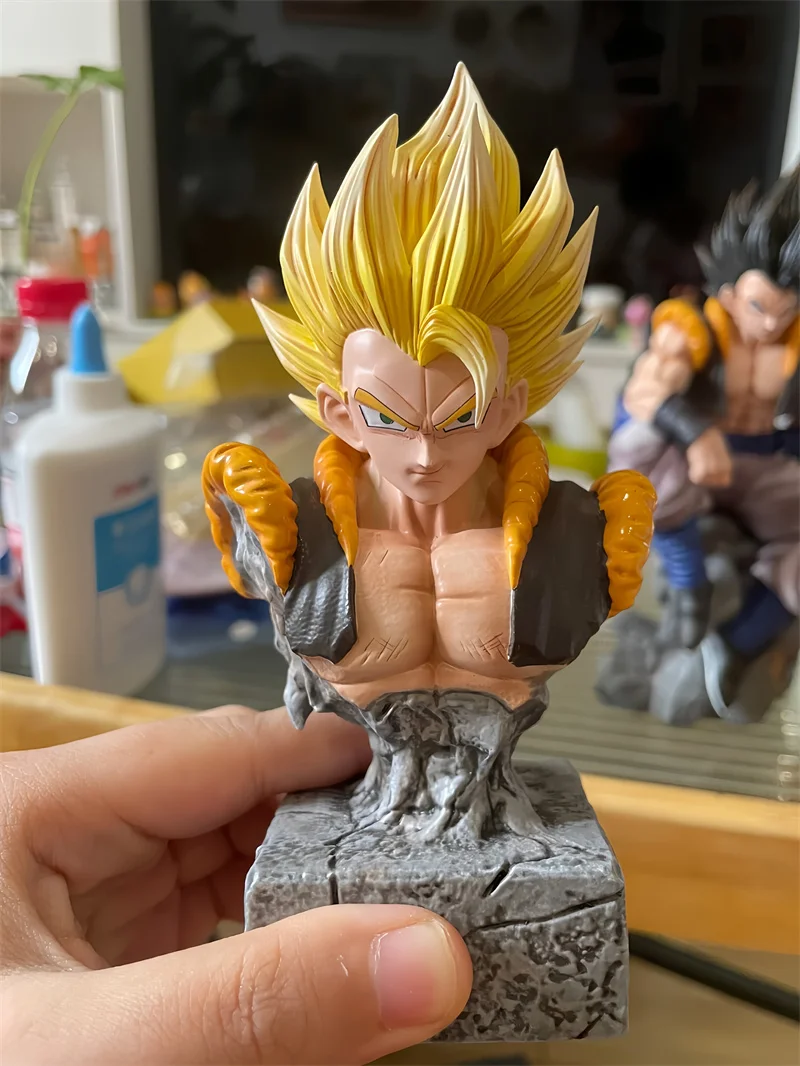 25cm Anime Dragon Ball Figure Gk Three Head Replaceable Sitting Posture Gogeta Figure Model Ornaments Toy Gift