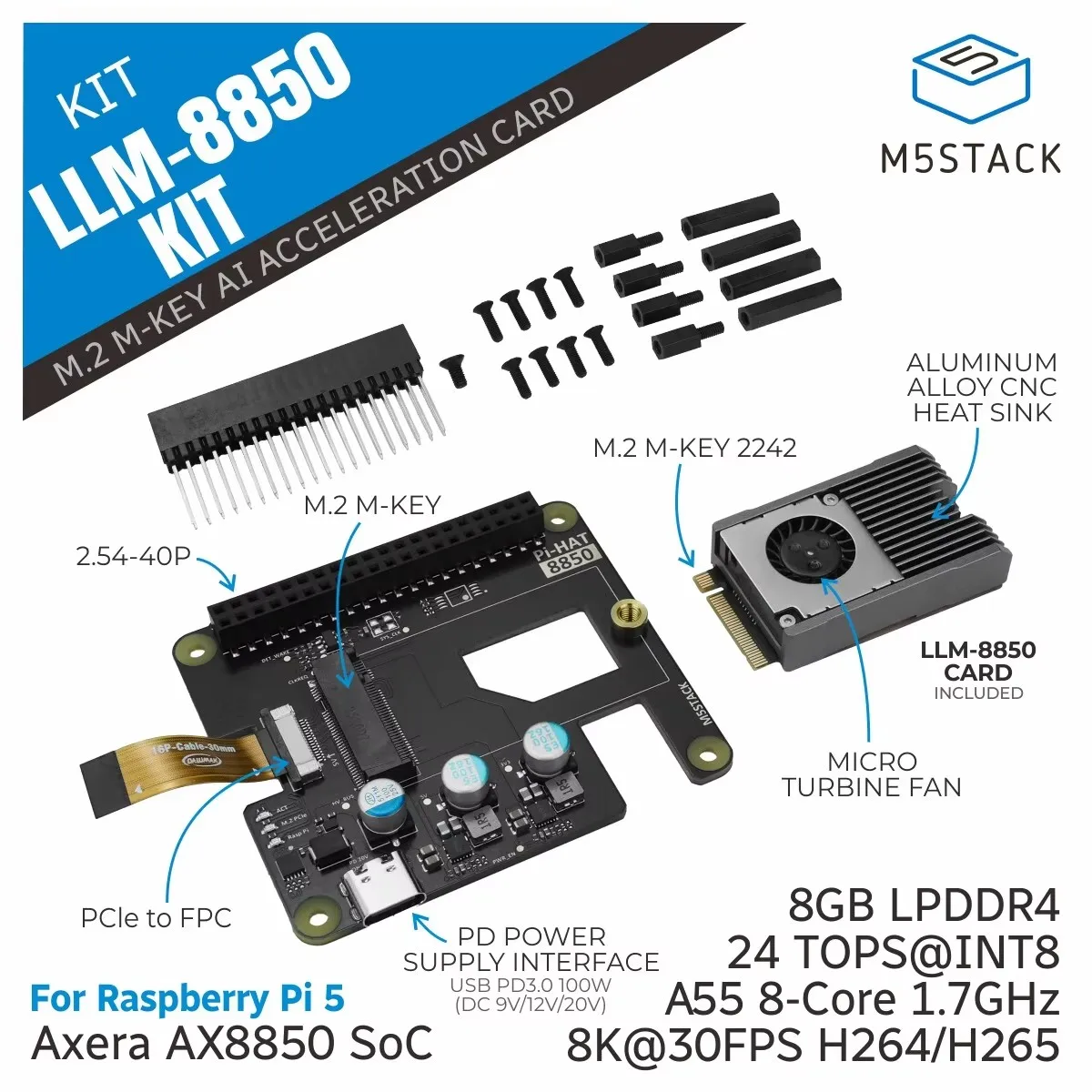 M5Stack Official AI-8850 LLM Acceleration M.2 Kit 4GB Version (AX8850)
