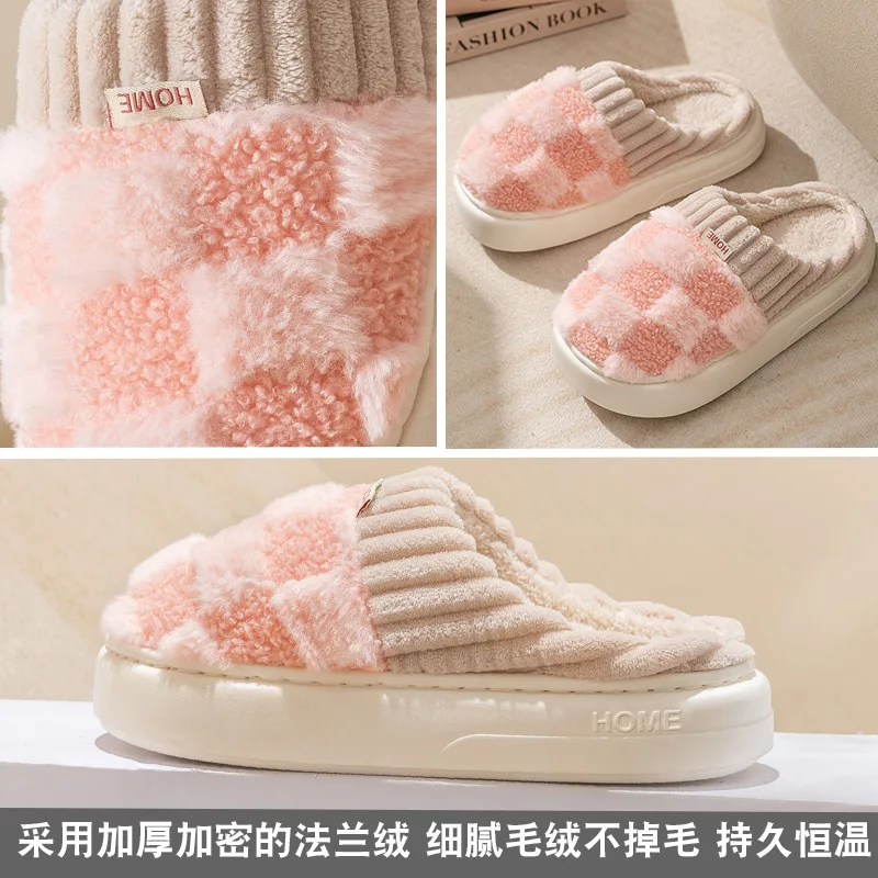 2024 Fashion Couples Winter Cotton Slippers Warm Plaid Thick Soft Sole Slides Non-slip Men Women Indoor Home Floor Flat Shoes